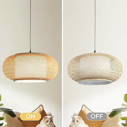 Boho Wabi-Sabi Bamboo Pendant Light, Plug-in Hanging Lamp with 16.7ft Twisted Cord & Switch, Handwoven Rattan Ceiling Fixture for Dining Room, Teahouse, Kitchen Island, Bedroom (40cm（Plug in）)
