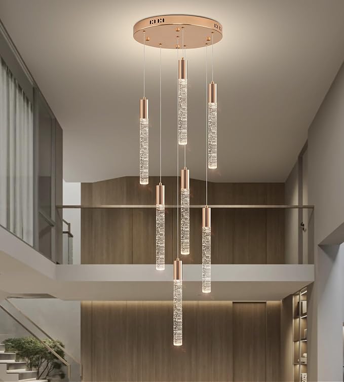 7-Lights High Ceiling Crystal Chandelier, Modern LED Raindrop Pendant Light Fixture 60" H Flush Mount Chandelier Gold for Foyer Staircase Living Room