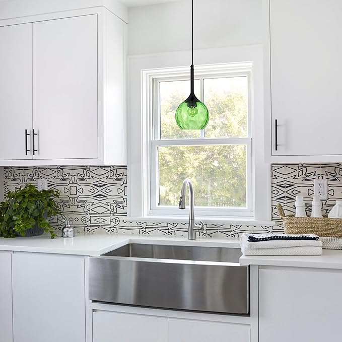 Glass Pendant Lights Kitchen Island: 5.91'' 1-Light Green Hammered Glass Pendant Light with Black Finish - Modern Minimalist Hanging Light Fixture for Kitchen Sink Dining Room - E26 Base