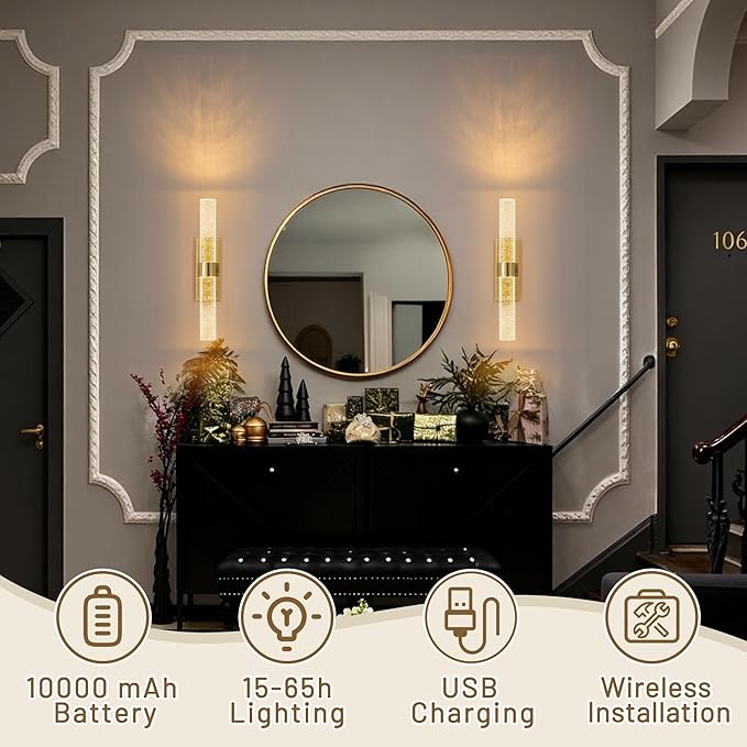 KARTOOSH Gold Rechargeable Wireless Wall Sconce Set of Two, Battery Operated Wall Lights with Remote Control,350°Rotate,3000K/4000K/6000K,Dimmable,Timer,for Living Room,Dining Room,Hallway,15.3 Inch
