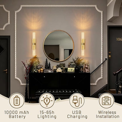 KARTOOSH Gold Rechargeable Wireless Wall Sconce Set of Two, Battery Operated Wall Lights with Remote Control,350°Rotate,3000K/4000K/6000K,Dimmable,Timer,for Living Room,Dining Room,Hallway,15.3 Inch