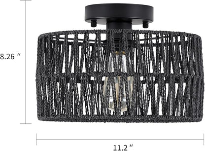 Coastal Black Woven Flush Mount Light Fixture Rustic Industrial Hemp Rope Round Flush Mount Ceiling Light for Hallway Bedroom Farmhouse Kitchen Entryway Hall, Black
