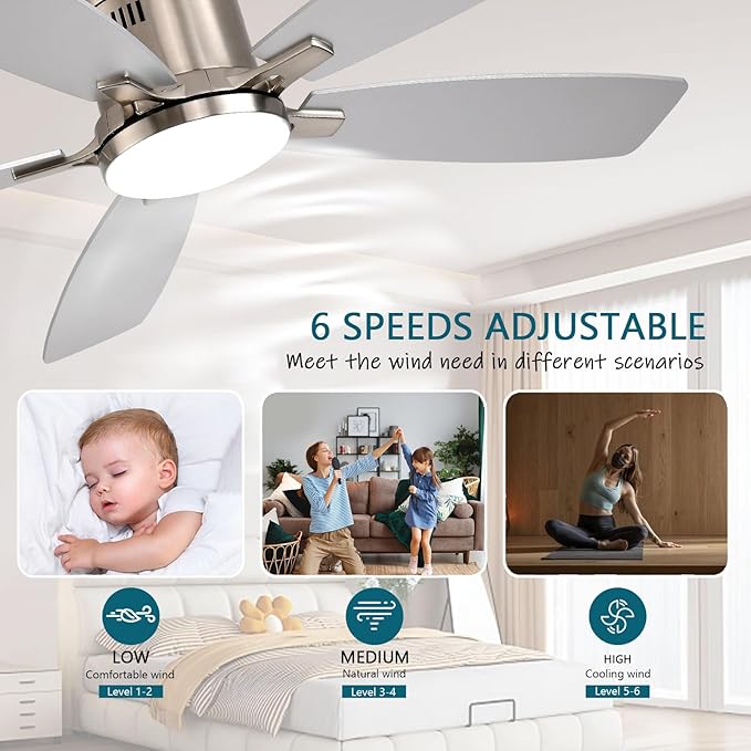Ayaoty 52 Inch Low Profile Ceiling Fans with Lights and Remote, Flush Mount Modern Ceiling Fan, 3CCT Dimmable DC Ceiling Fan for Bedroom, Living Room, Brushed Nickel