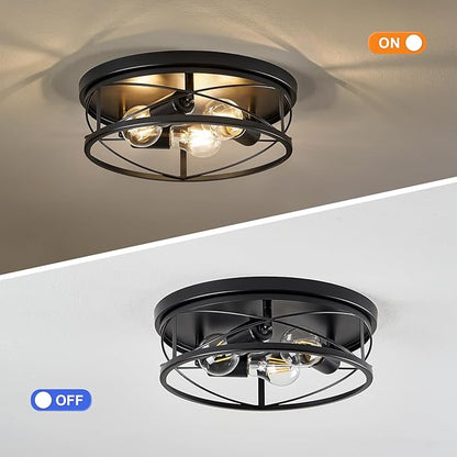 Farmhouse Light Fixtures, Black Round Metal Flush Mount Ceiling Light, 3-Light Cage Ceiling Lamp for Kitchen, Foyer, Bedroom, Hallway（Bulbs Not Included）
