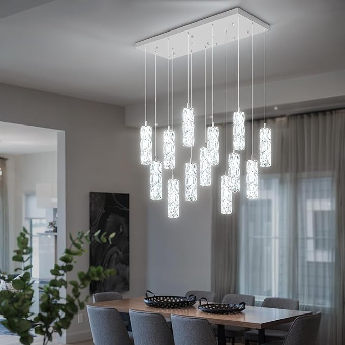 ykolupty Modern Rectangular Chandelier 16-Lights Crystal Chandeliers LED Dimmable Silver Linear Chandelier Flush Mount Crystal Pendant Light for Living Room Dining Room Foyer