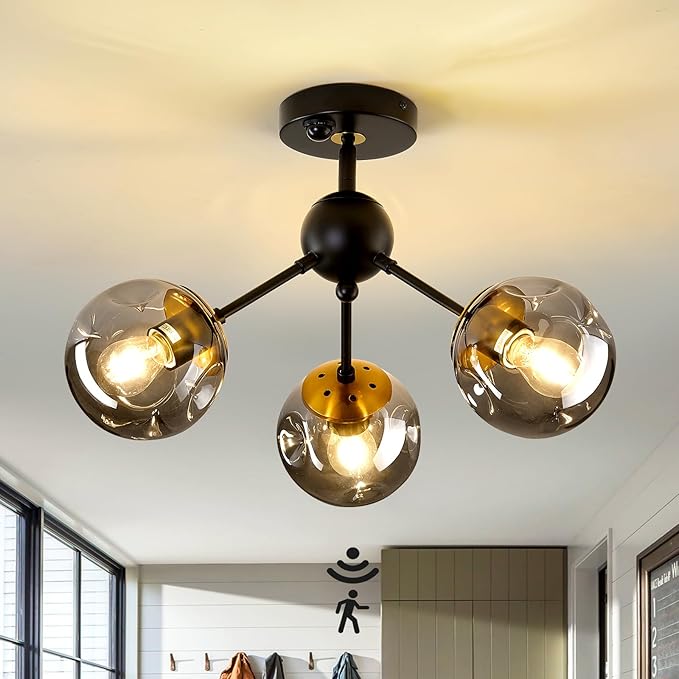 Motion Sensor Light Indoor 3-Light Vintage Semi Flush Mount Ceiling Light Fixture with Glass Globe Black Chandelier for Closet Hallway Stairway Porch Entryway