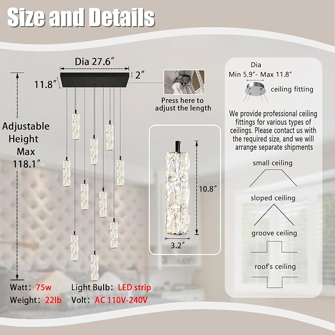 ykolupty Modern Crystal Chandelier 10-Lights Rectangle Pendant Light LED Dimmable Black Linear Chandelier Flush Mount Crystal Pendant Light for Living Room Dining Room Foyer