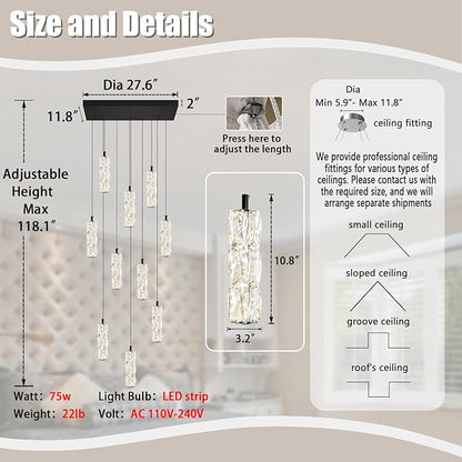 ykolupty Modern Crystal Chandelier 10-Lights Rectangle Pendant Light LED Dimmable Black Linear Chandelier Flush Mount Crystal Pendant Light for Living Room Dining Room Foyer