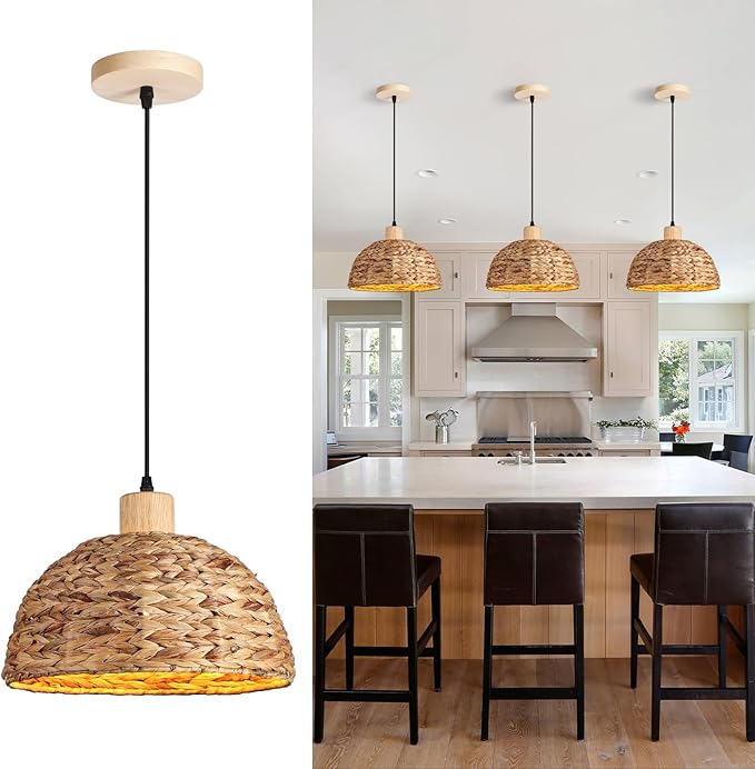 Boho Pendant Lights Kitchen Island, 11.8" Hand-Woven Rattan Light Fixture Bohemian Lighting Farmhouse Seagrass Weaving Hanging Ceiling Light Chandelier for Living Dining Room Restaurants