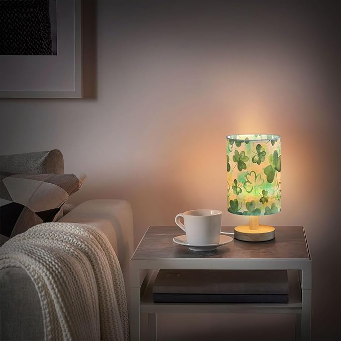 Clover Irish Shamrock on Patchwork St Patricks Day Table Lamp with Wood Base Fabric Lamp Shade Bedside Nightstand Desk Lamp for Living Room Bedroom Kids Room Office