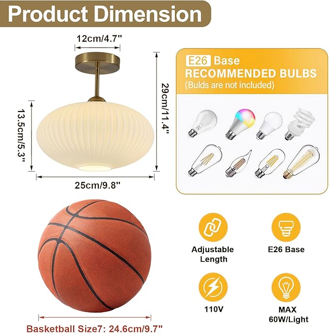 Ribbed Milk Glass Flush Mount Ceiling Light Mid Century Modern Entry Light Fixture White Semi Flush Mount Lights Gold Globe Hallway Ceiling Light (2 Pack)