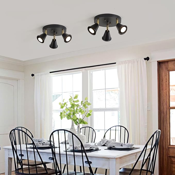 3-Light Industrial Directional Track Lighting, Adjustable Round Ceiling Spotlight, Morden Black Flush Mount Kitchen Light for Kitchen,Hallway,Dining Room,Porch,Office.Gu10 Bulbs Included