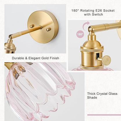 Wall Sconces Set of Two Hardwired, Vintage Sconce Light with Tulip Pink Glass Lampshade, Bathroom Wall Lights with Switch, Gold Wall Light Sconces Wall Decor Set of 2