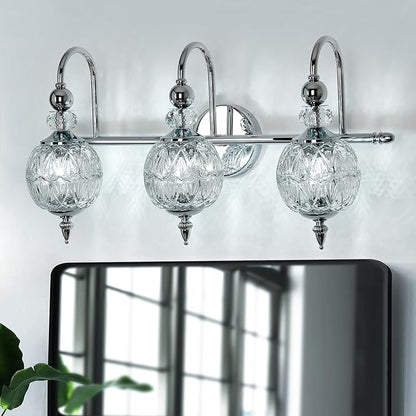 Piepooye Modern Bathroom Light Fixtures Polished Chrome Vanity Light with Glass Globe LampShade 3 Lights Mid Century G9 Bulb Wall Sconce Indoor Vanity Light Over Mirror for Bedroom Kitchen Hallway