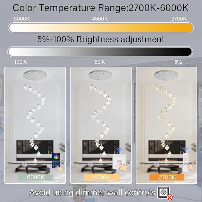 H142in Modern Crystal Chandeliers Large Chandeliers for High Ceiling Chrome Pendant Light Fixture 26-Lights Large Pendant Light for Staircase Living Room Hallway Entryway