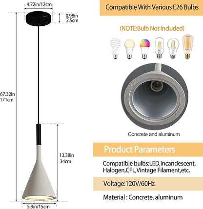 Farmhouse Grey Pendant Light Fixtures 1-Light Concrete Industrial Kitchen Island Pendant Lighting for Dining Room Bedroom Hallway Pendant Ceiling Lamp