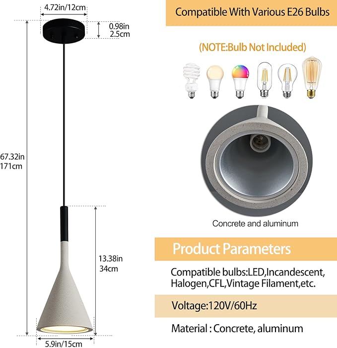 Farmhouse Grey Pendant Light Fixtures 1-Light Concrete Industrial Kitchen Island Pendant Lighting for Dining Room Bedroom Hallway Pendant Ceiling Lamp(2-Pack)