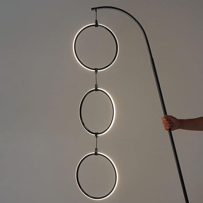 Brightech Nova Modern Floor Lamp Matches Living Room Décor - Contemporary Arc Tall Lamp with 3-Circle Ring-Style Pendant - Over The Couch Standing on Arching Pole - Eclectic- Black