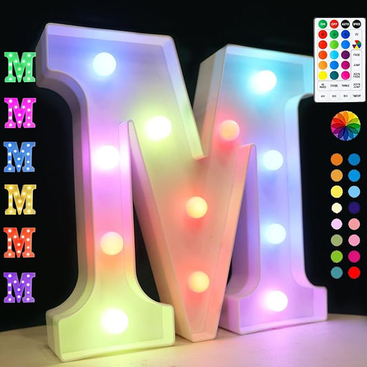 LED Marquee Letter Lights, 18 Colors Changing Light Up Letters with Remote, RGB Alphabet Letters Sign for Girls Boys Gift Birthday Party Night Light Bedroom Wedding Christmas Decor-Colorful M