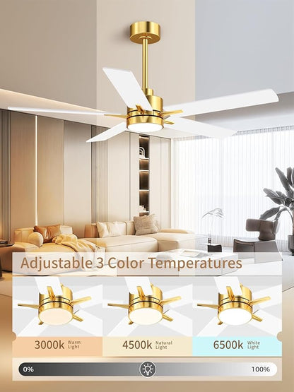 LANMEL 52'' Ceiling Fan with Lights and Remote, Low Profile Modern Ceiling Fan Gold, 6 Speed, Reversible, 3000k-6000k LED, Quiet DC Motor Ceiling Fans for Indoor Outdoor Bedroom Living Room