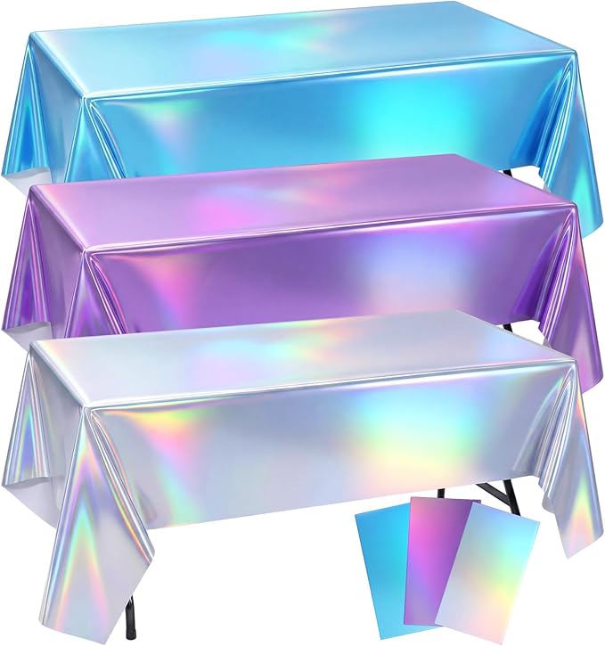 Oudain 3 Pcs Frozen Theme Party Blue & Purple & Silver Iridescent Party Tablecloth 54 x 108 Inch Plastic Rectangle Tablecloth Waterproof Table Cover for Frozen Theme Birthday Decoration