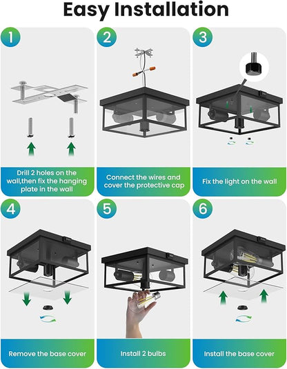 Outdoor Ceiling Light with Motion Sensor, Flush Mount Porch Light, Exterior Light Fixture with Clear Glass, Dusk to Dawn 2-Light Fixture for Patio,Porch (10.5in 2Pack)