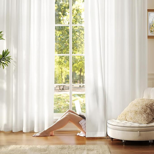 Anmao Non-See-Through Off White Privacy Semi Sheer Curtains for Living Room 80 Inch Length 2 Panels Set, Light Filtering That Let Light in Rod Pocket Window Drapes for Bedroom, 52W x 80L, Ivory White