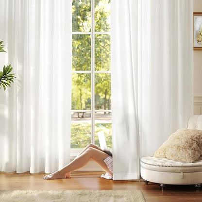Anmao Non-See-Through Off White Privacy Semi Sheer Curtains for Living Room 96 Inch Length 2 Panels Set, Light Filtering That Let Light in Rod Pocket Window Drapes for Bedroom, 40W x 96L, Ivory White