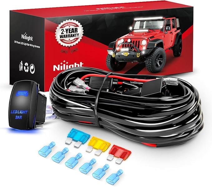 Nilight 14AWG LED Light Bar Wiring Harness Kit 12V On Off 5Pin Rocker Switch Laser Waterproof Toggle Switches Power Relay Blade Fuse for Work Lights Cars Boat ATV Trucks-3 Leads, Bule