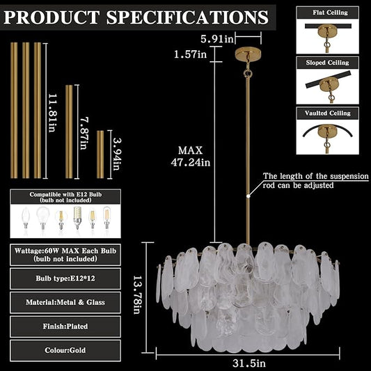 Modern Large Crystal Glass Chandelier, 31.4" Gold Luxury Hanging Pendant Light Fixture,12-Light Round Cloud Ceiling Chandeliers Lighting for Dining Room Living Room Bedroom Foyer Stairway, E12