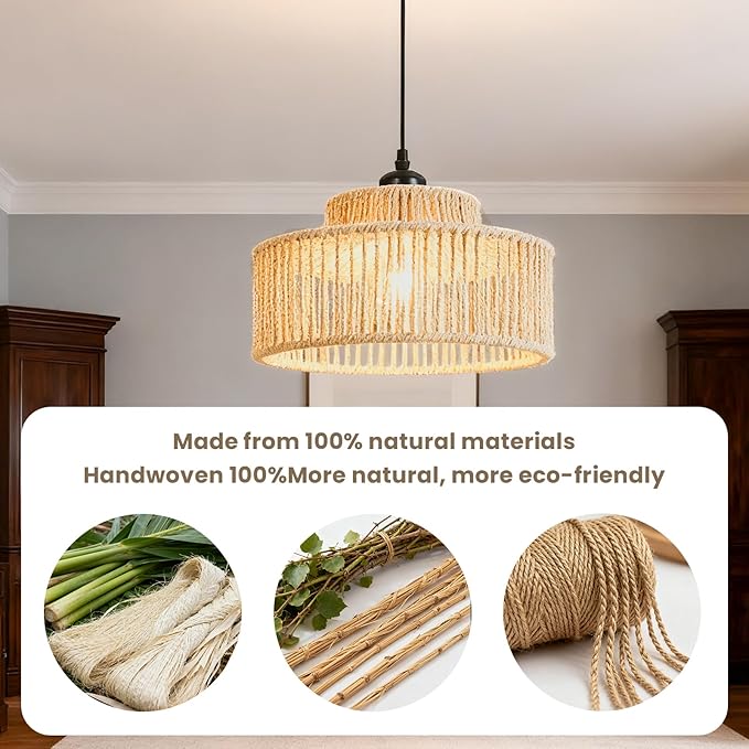 Rattan Pendant Light ,12.6 Inch Boho Kitchen Island light Fixtures,Handmade Woven Hanging Lamp,Wicker Small Chandelier,Coastal Hanging Lights for Bedroom Kitchen Living Room Restaurant Hallway Foyer