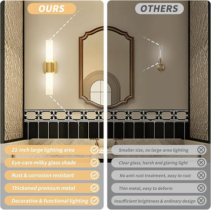 Kalium Bathroom Wall Sconce Fixture, 21 Inch Modern Vanity Lights with Frosted Glass Shade, Indoor Sconces Lighting Wall Decor Lamps for Bathrooms Living Room Stairs Bedroom (Gold)