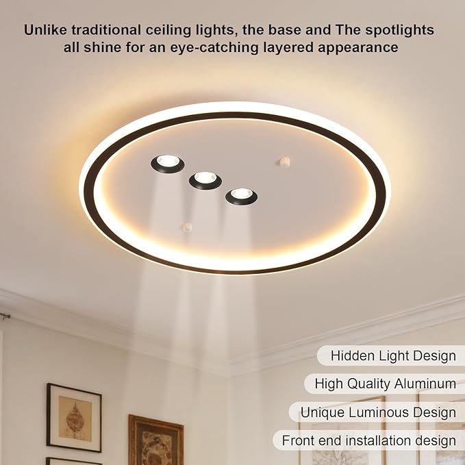 Shine LUEST Modern Round LED Flush Mount Ceiling Light with Black Finish & 3 Adjustable Spotlights, Dimmable Soft Glow Ceiling Lighting for Living Room Bedroom Hallway