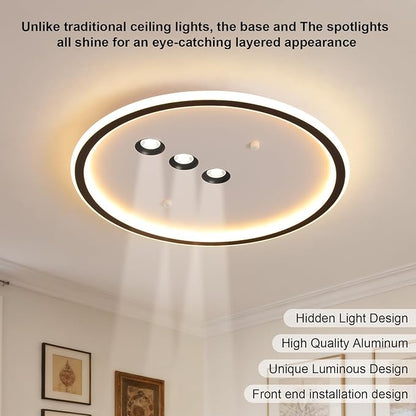 Shine LUEST Modern Round LED Flush Mount Ceiling Light with Black Finish & 3 Adjustable Spotlights, Dimmable Soft Glow Ceiling Lighting for Living Room Bedroom Hallway