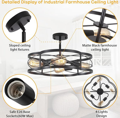 Black Semi Flush Mount Ceiling Lights, Sloped Dining Room Light Fixture Farmhouse Chandelier, Kitchen Island Pendant Lighting Adjustable Height for Entryway Hallway Foyer
