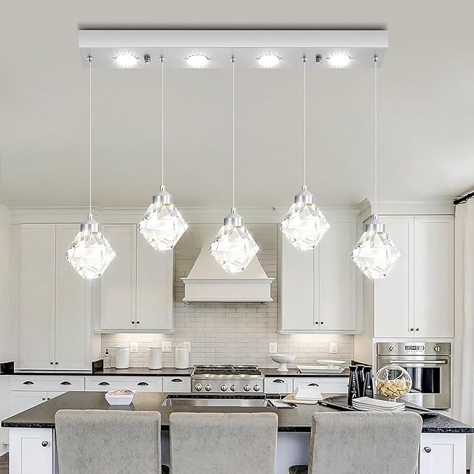 5-Lights Rectangular Pendant Light LED Dimmable Linear Crystal Chandelier Modern Rectangular Chandeliers for Dining Room Bedroom Silver Hanging Light
