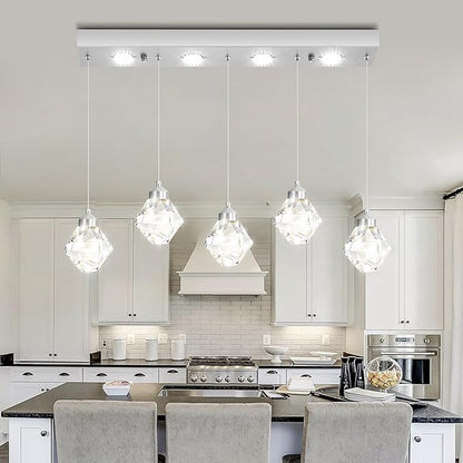 5-Lights Rectangular Pendant Light LED Dimmable Linear Crystal Chandelier Modern Rectangular Chandeliers for Dining Room Bedroom Silver Hanging Light