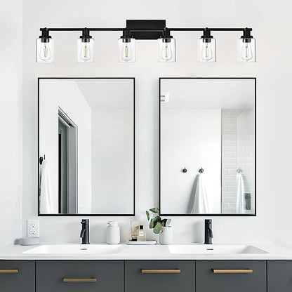 MELUCEE Ceiling Track Lighting Kits 6 Light Bathroom Light Fixtures Wall Mount with Flexibly Rotatable Light Head, Modern Black Spotlights with Clear Glass Shade, 45.3 Inch