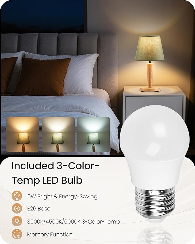 12" Wood Bedside Table Lamps Set of 2, Small Desk Lamps for Small Places, 3 Color Temperatures with Memory, Green Linen Shade & E26 Bulbs, for Bedroom Living Room Office MJ13TLP205