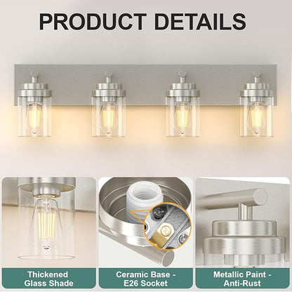 IZORRO Bathroom Vanity Light Fixture, 4-Light 30 Inch Brushed Nickel Bathroom Light Fixtures Over Mirror, with Clear Glass Shade, Modern Farmhouse Vanity Lights, Rustic Restroom Lighting Fixtures