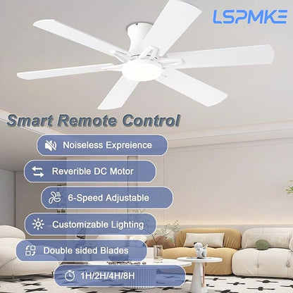 Ceiling Fans with Lights, 52" Flush Mount Ceiling Fan with Light and Remote, Quiet, Reversible, 3CCT, Dimmable, White, RGB, Low Profile Ceiling Fan for Bedroom, Living Room, Indoor/Outdoor Use