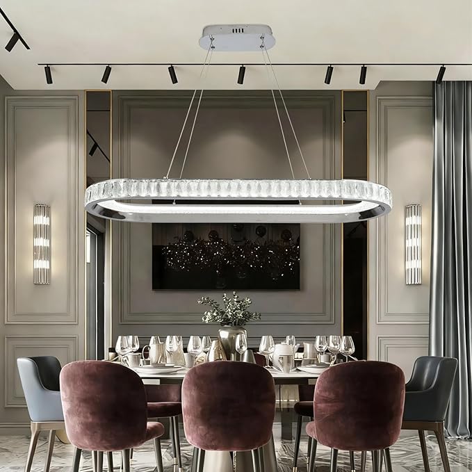 Modern Chandelier Led Crystal Chandelier Light Fixture,Dimmable Modern Led Pendant Light for Kitchen Island Lighting Silver Linear Led Chandelier for Dining Room 3000K-6500K Color Changing