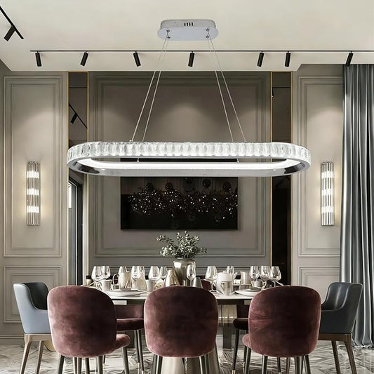 Modern Chandelier Led Crystal Chandelier Light Fixture,Dimmable Modern Led Pendant Light for Kitchen Island Lighting Silver Linear Led Chandelier for Dining Room 3000K-6500K Color Changing
