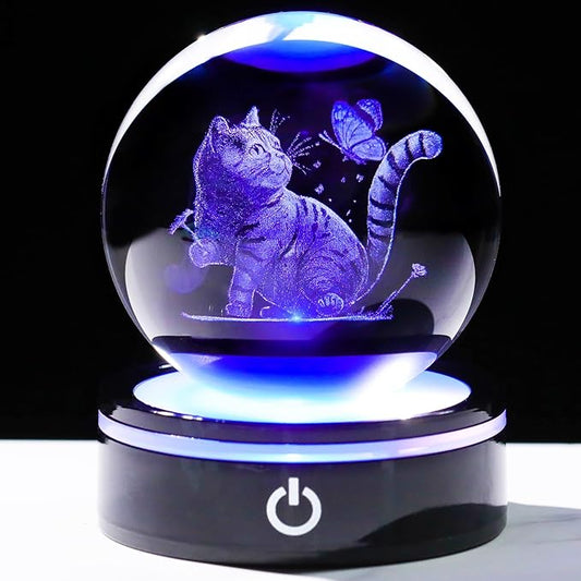 YWHL 3D Crystal Cat and Butterfly Figurines Ball with Colorful Light Base, Laser Engraved Cat Sphere for Women Men,Birthday Gifts for Lover, Animal Snow Globes Collection for Home Decor(80mm)