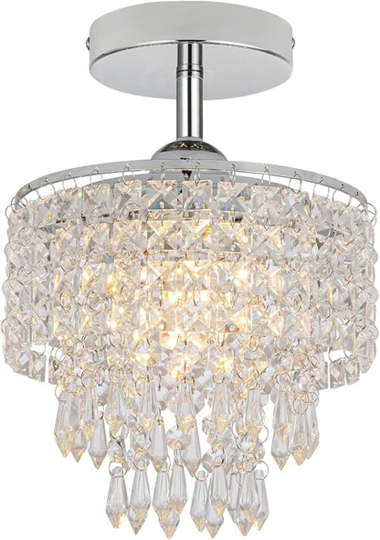 8" Mini Crystal Chandelier 3-Tier Crystal Raindrop Semi Flush Mount Ceiling Light Fixture Small Chandelier for Bedroom Kitchen Hallway Bathroom Closet (Chrome)
