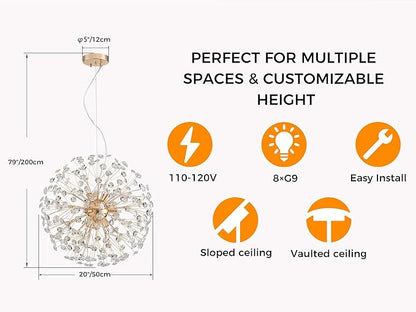 AGV LIGHTING Modern Crystal Chandelier Sputnik Dandelion Pendant Light Fixture, 8-Light Gold Chandelier for Dining Room Living Room Bedroom Foyer