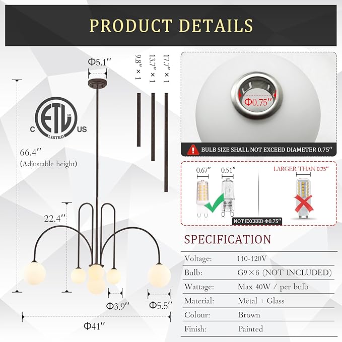 Sputnik Chandelier Brown,6 Lights Large Modern Chandelier L40”Mid Century Long Ceiling Pendant Light Fixtures for Dining Room with Milk Glass Globe Shades for High Ceiling Foyer Living Room