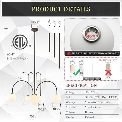 Sputnik Chandelier Brown,6 Lights Large Modern Chandelier L40”Mid Century Long Ceiling Pendant Light Fixtures for Dining Room with Milk Glass Globe Shades for High Ceiling Foyer Living Room