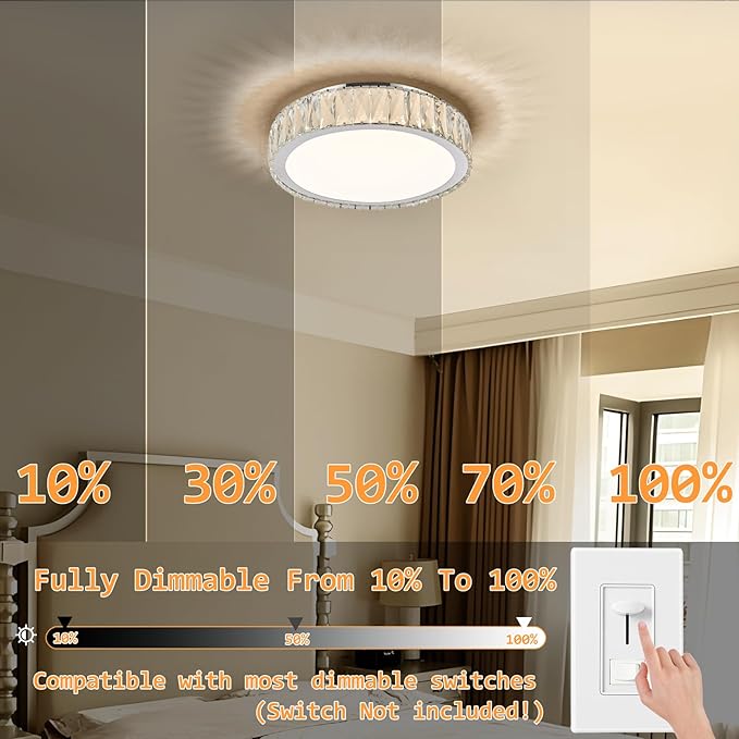 Dimmable Modern LED Crystal Flush Mount Ceiling Light Fixture,Luxury Chrome Round Lighting Fixtures,15 Inch 36W 5CCT 3000K-6000K Large Bedroom Chandelier for Hallway Kitchen Living Room
