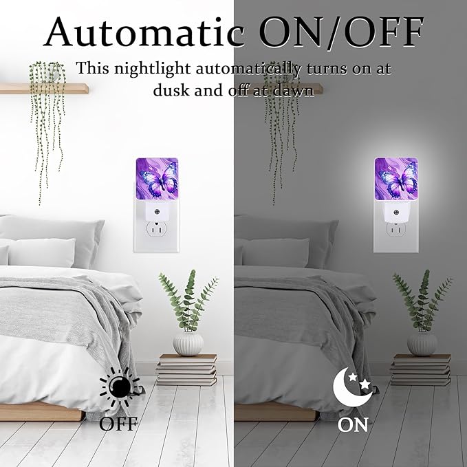 Butterfly Night Light, Plug-into Wall Purple Marble Nightlight Lamp with Dusk to Dawn Sensor, Led Lamp 0.5W Energy Efficient for Boys Girls Adults Home Decor